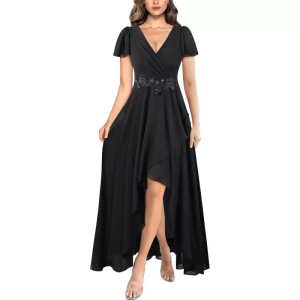 VFSHOW Womens Deep V Neck Chiffon Floral Applique Formal Prom ALine Maxi Dress 2023 Smocked Wedding Guest HiLo Evening GownBlack