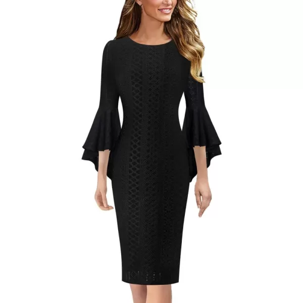 VFSHOW Womens Elegant Bell Sleeve Cocktail Party Bodycon Pencil Sheath DressBlack Jacquard Geometric