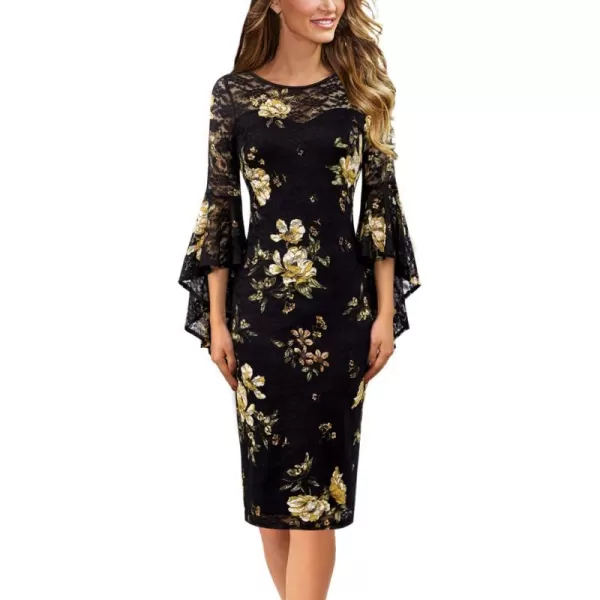 VFSHOW Womens Elegant Bell Sleeve Cocktail Party Bodycon Pencil Sheath DressBlack Lace  Yellow Floral Print