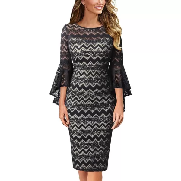 VFSHOW Womens Elegant Bell Sleeve Cocktail Party Bodycon Pencil Sheath DressBlack Lace