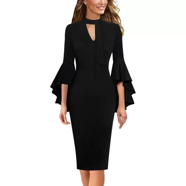 VFSHOW Womens Elegant Bell Sleeve Cocktail Party Bodycon Pencil Sheath DressBlack Tie Neck