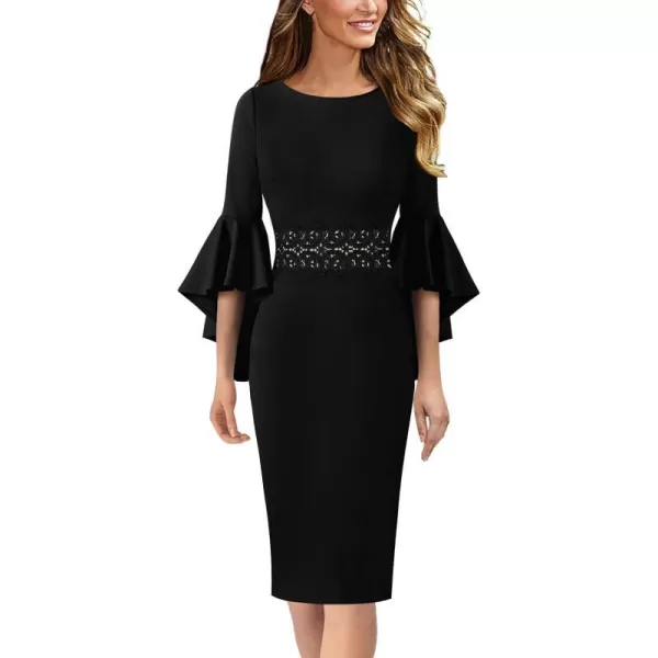 VFSHOW Womens Elegant Bell Sleeve Cocktail Party Bodycon Pencil Sheath DressBlack With Applique