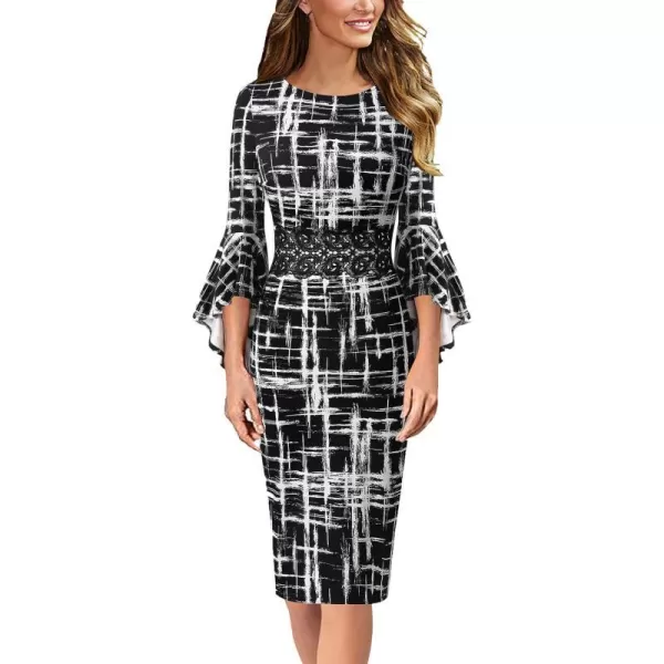 VFSHOW Womens Elegant Bell Sleeve Cocktail Party Bodycon Pencil Sheath DressBlack and White Geometric Print