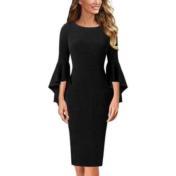 VFSHOW Womens Elegant Bell Sleeve Cocktail Party Bodycon Pencil Sheath DressBlack5