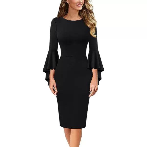 VFSHOW Womens Elegant Bell Sleeve Cocktail Party Bodycon Pencil Sheath DressBlackcotton Blend 2