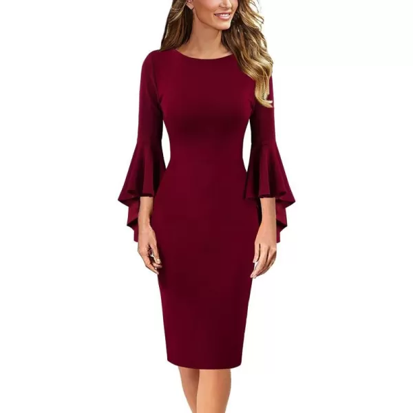 VFSHOW Womens Elegant Bell Sleeve Cocktail Party Bodycon Pencil Sheath DressDark Red