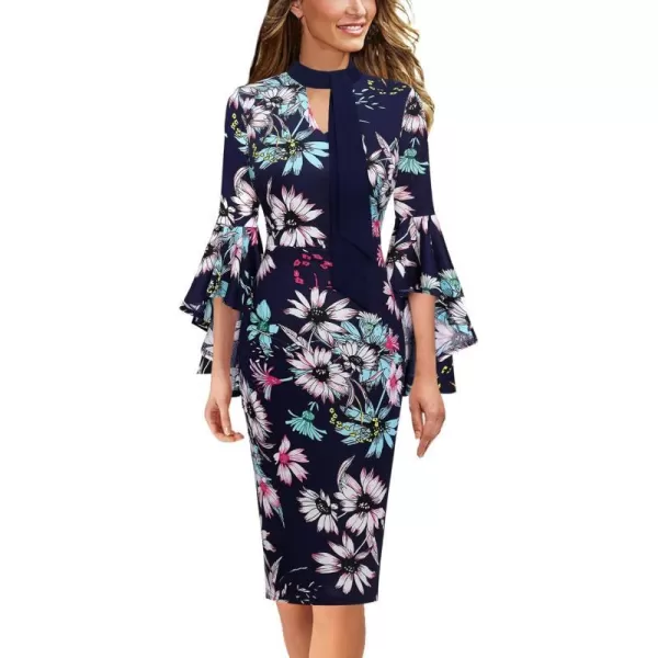 VFSHOW Womens Elegant Bell Sleeve Cocktail Party Bodycon Pencil Sheath DressNavy Blue Multi Floral Print