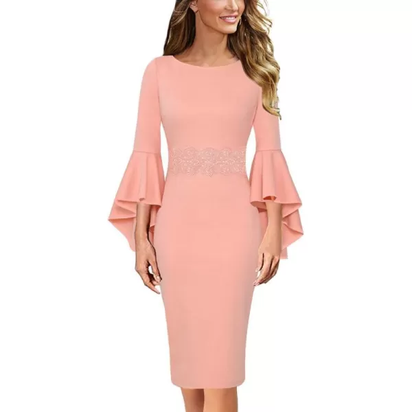 VFSHOW Womens Elegant Bell Sleeve Cocktail Party Bodycon Pencil Sheath DressPeach Pink With Applique