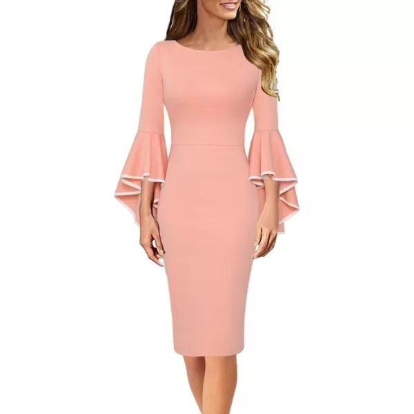 VFSHOW Womens Elegant Bell Sleeve Cocktail Party Bodycon Pencil Sheath DressPeach Pink With White Piping