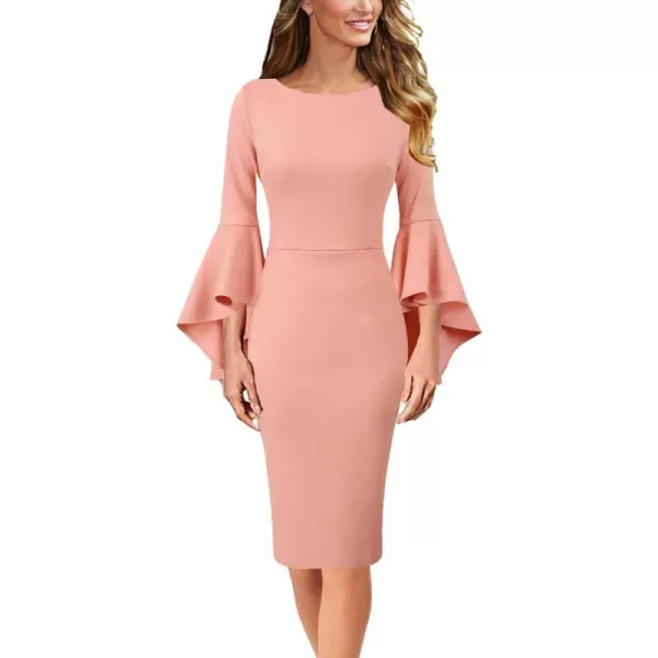 VFSHOW Womens Elegant Bell Sleeve Cocktail Party Bodycon Pencil Sheath DressPeach Pink3