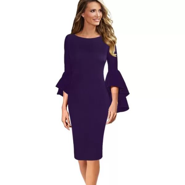 VFSHOW Womens Elegant Bell Sleeve Cocktail Party Bodycon Pencil Sheath DressPurple