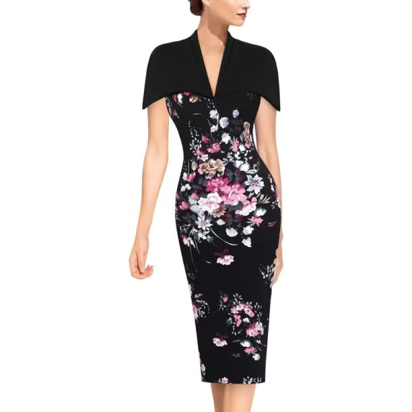 VFSHOW Womens Elegant Cape Cocktail Party Slim Fitted Stretch Bodycon Pencil DressBlack Floral Print