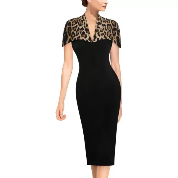 VFSHOW Womens Elegant Cape Cocktail Party Slim Fitted Stretch Bodycon Pencil DressBlack Leopard Print Cape