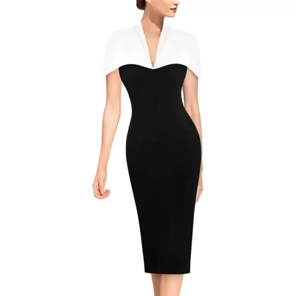 VFSHOW Womens Elegant Cape Cocktail Party Slim Fitted Stretch Bodycon Pencil DressBlack and White