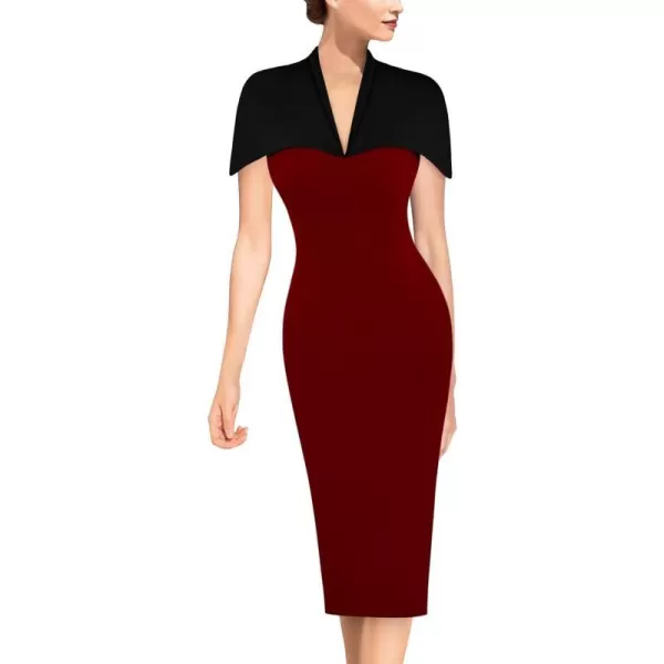 VFSHOW Womens Elegant Cape Cocktail Party Slim Fitted Stretch Bodycon Pencil DressDark Red and Black