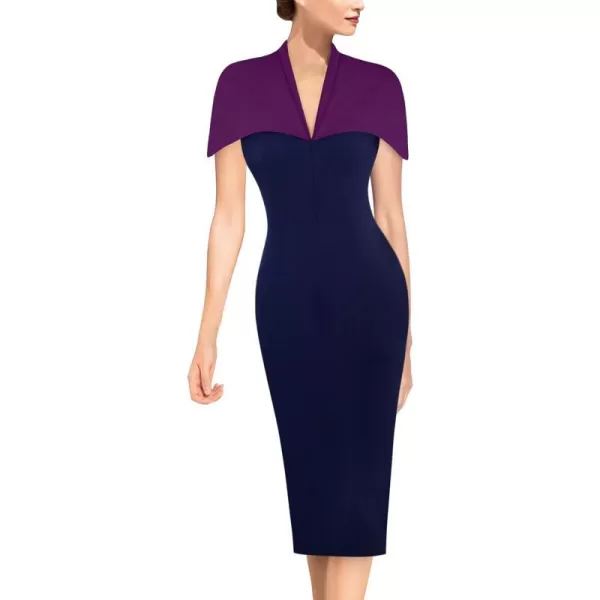 VFSHOW Womens Elegant Cape Cocktail Party Slim Fitted Stretch Bodycon Pencil DressPurple and Navy