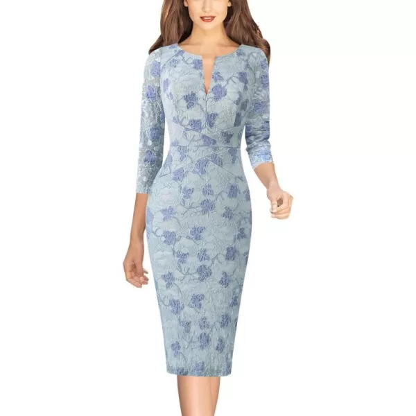 VFSHOW Womens Elegant Front Zipper Slim Work Business Office Party Bodycon Pencil DressLight Blue Floral Lace