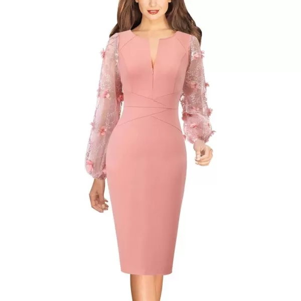 VFSHOW Womens Elegant Front Zipper Slim Work Business Office Party Bodycon Pencil DressPeach Pink Bishop Sleeve