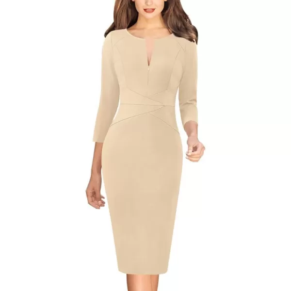 VFSHOW Womens Elegant Front Zipper Slim Work Business Office Party Pencil DressBeige 34 Sleeve  2