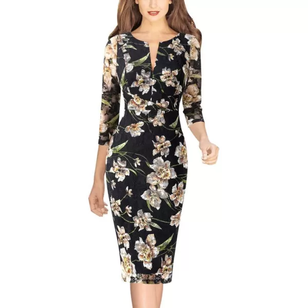 VFSHOW Womens Elegant Front Zipper Slim Work Business Office Party Pencil DressBlack Lace Yellow Floral Print