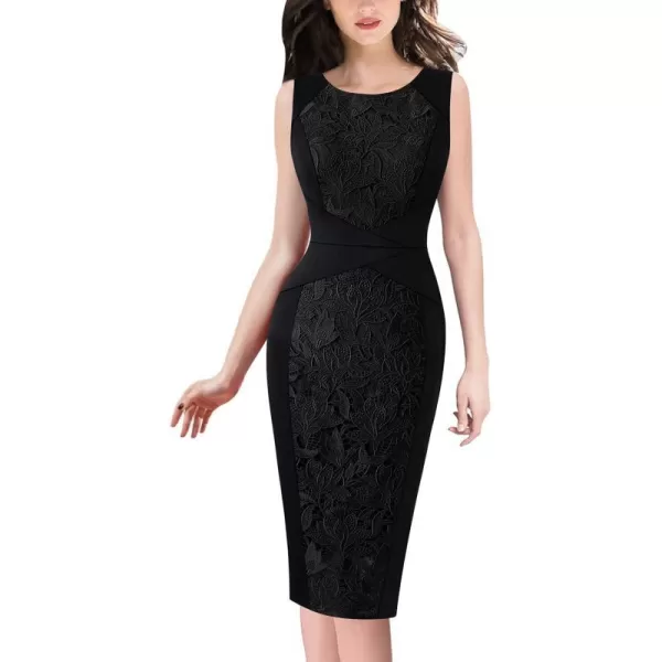 VFSHOW Womens Elegant Front Zipper Slim Work Business Office Party Pencil DressBlack and Floral Lace9