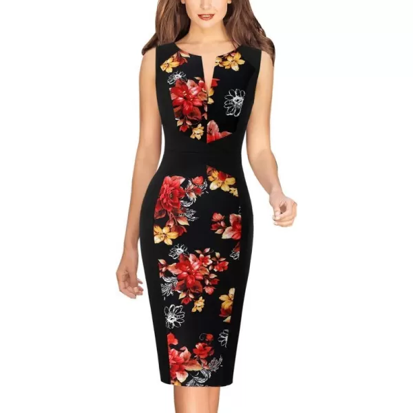 VFSHOW Womens Elegant Front Zipper Slim Work Business Office Party Pencil DressBlack and Front Floral Print