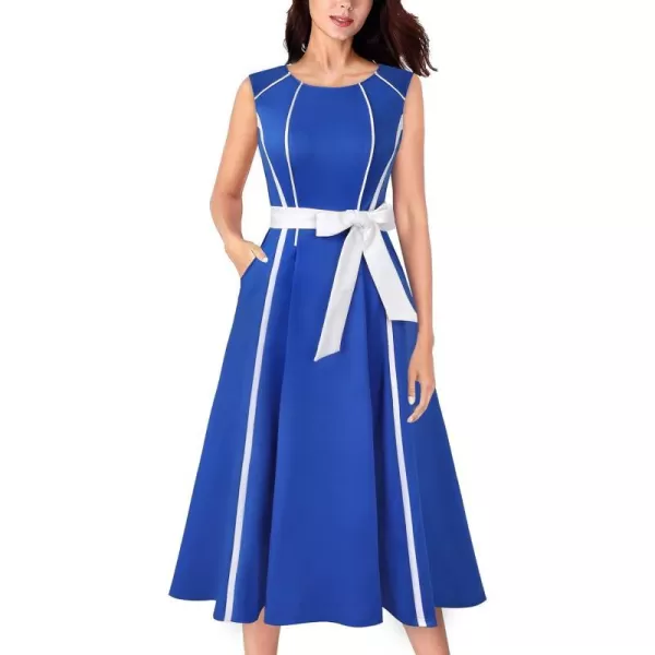 VFSHOW Womens Elegant Pockets Belted Work Office Business Party ALine Midi DressRoyal Blue and White3