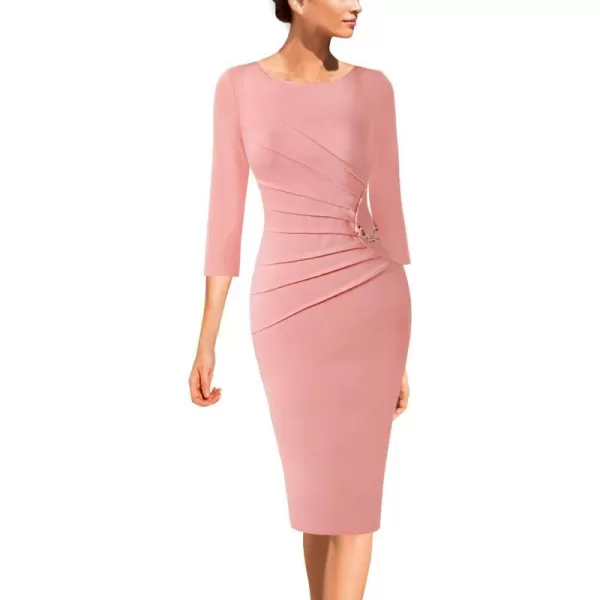 VFSHOW Womens Elegant Ruched Work Business Office Cocktail Party Bodycon Pencil DressPeach Pink34 Sleeve