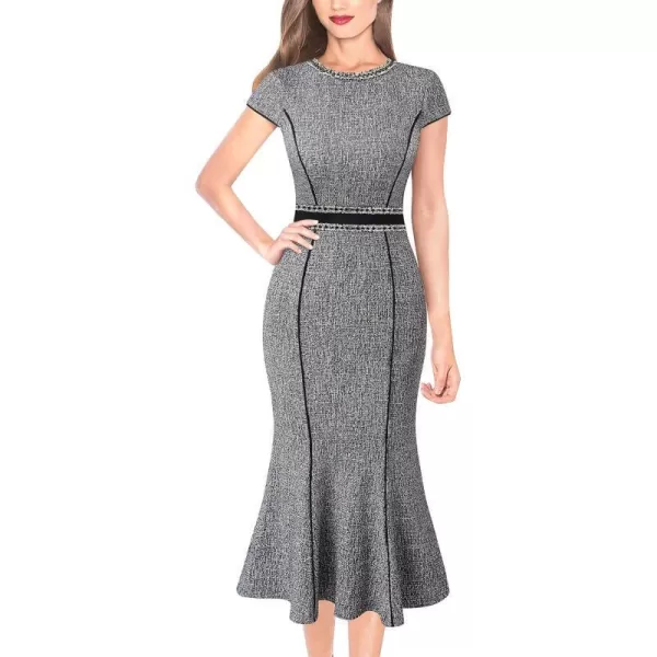 VFSHOW Womens Elegant Vintage Cocktail Business Office Mermaid Midi Dress Crew Neck Slim Fitted Party Bodycon MidCalf DressBlack Tweed Cap Sleeve