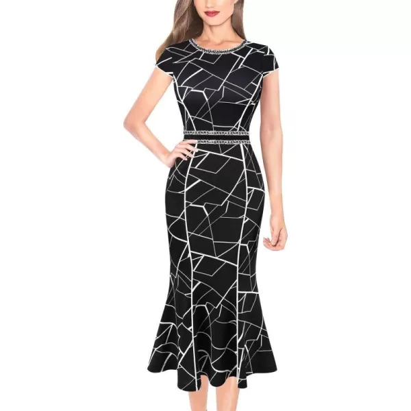 VFSHOW Womens Elegant Vintage Cocktail Business Office Mermaid Midi Dress Crew Neck Slim Fitted Party Bodycon MidCalf DressBlack and White Geometric Print2