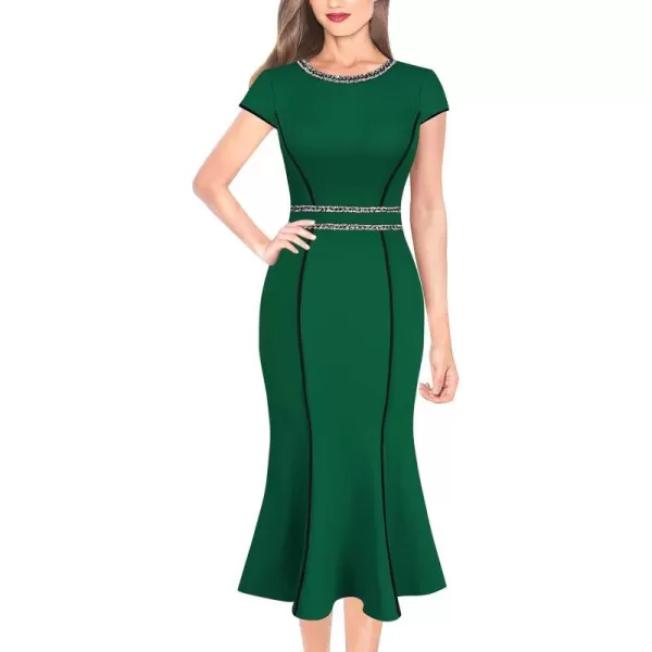 VFSHOW Womens Elegant Vintage Cocktail Business Office Mermaid Midi Dress Crew Neck Slim Fitted Party Bodycon MidCalf DressGreen With Tweed Trim