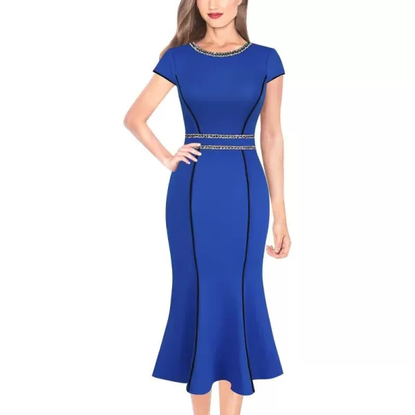 VFSHOW Womens Elegant Vintage Cocktail Business Office Mermaid Midi Dress Crew Neck Slim Fitted Party Bodycon MidCalf DressRoyal Blue With Tweed Trim