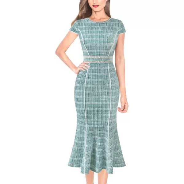 VFSHOW Womens Elegant Vintage Cocktail Business Office Mermaid Midi Dress Crew Neck Slim Fitted Party Bodycon MidCalf DressTeal Green Tweed Cap Sleeve