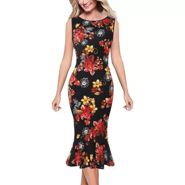 VFSHOW Womens Elegant Vintage Cocktail Party Mermaid Bodycon Midi MidCalf DressBlack and Multi Floral Print2