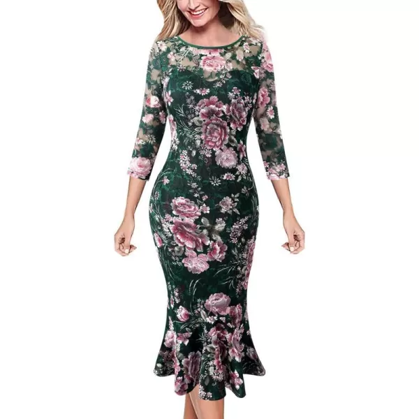 VFSHOW Womens Elegant Vintage Cocktail Party Mermaid Bodycon Midi MidCalf DressGreen Lace Multi Floral Print3