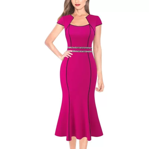 VFSHOW Womens Elegant Vintage Square Neck 2023 Cocktail Mermaid Midi Dress Slim Business Office Party Bodycon MidCalf DressHot Pink With Tweed Trim