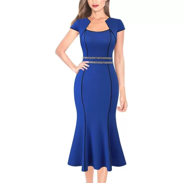 VFSHOW Womens Elegant Vintage Square Neck 2023 Cocktail Mermaid Midi Dress Slim Business Office Party Bodycon MidCalf DressRoyal Blue With Tweed Trim