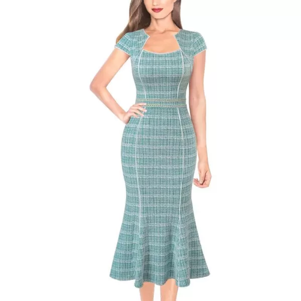 VFSHOW Womens Elegant Vintage Square Neck 2023 Cocktail Mermaid Midi Dress Slim Business Office Party Bodycon MidCalf DressTeal Green Tweed