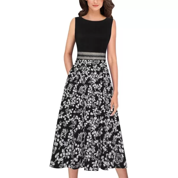 VFSHOW Womens Floral Applique Patchwork Pockets Work Casual Party ALine Midi DressBlack  Black White Floral Print5