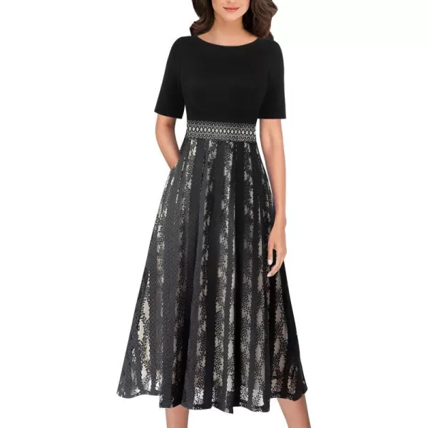 VFSHOW Womens Floral Applique Patchwork Pockets Work Casual Party ALine Midi DressBlack and Floral Lace