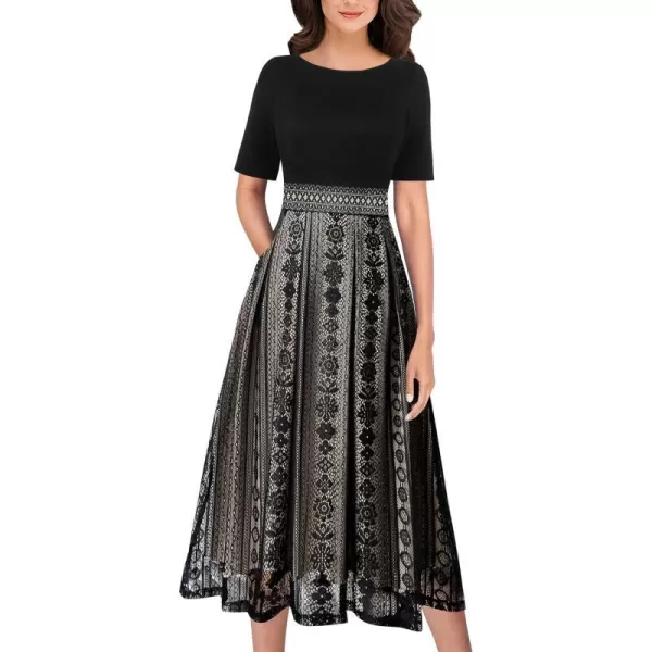 VFSHOW Womens Floral Applique Patchwork Pockets Work Casual Party ALine Midi DressBlack and Floral Lace2