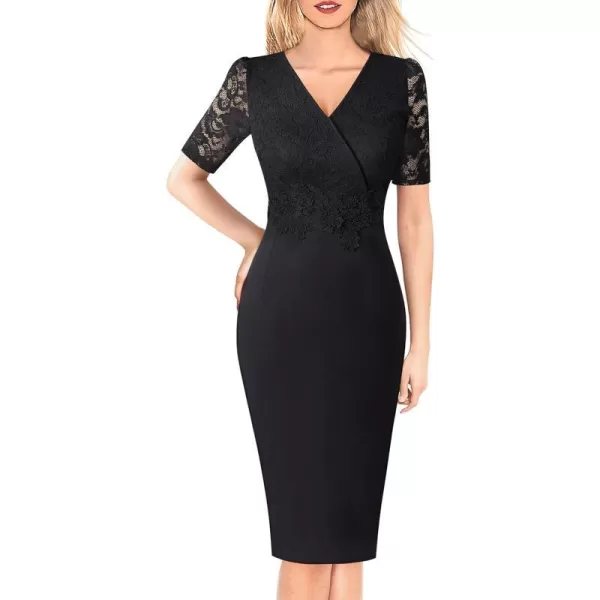 VFSHOW Womens Floral Lace Applique Waist V Neck Colorblock Cocktail Bodycon DressBlack  Floral Lace4