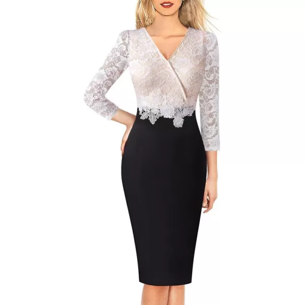 VFSHOW Womens Floral Lace Applique Waist V Neck Colorblock Cocktail Bodycon DressBlack  Off White Floral Lace