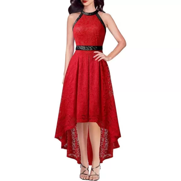 VFSHOW Womens Floral Lace Beaded Halter Neck Bridesmaid Cocktail Party Pleated ALine High Low Midi DressRed Floral Lace