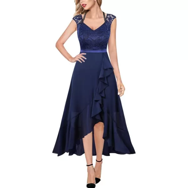 VFSHOW Womens Floral Lace Chiffon V Neck Halter Ruffle Slit Cocktail Party High Low Aline Midi Long DressBlue Floral Lace  Chiffon