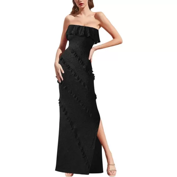 VFSHOW Womens Floral Lace Formal Tiered Ruffle Off Shoulder Slit Evening Maxi DressBlack Floral Lace2