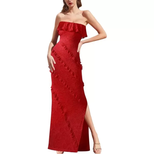 VFSHOW Womens Floral Lace Formal Tiered Ruffle Off Shoulder Slit Evening Maxi DressRed Floral Lace2