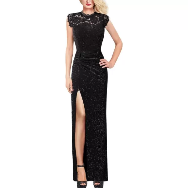 VFSHOW Womens Floral Lace Ruched Twist Twist Knot Front Split Formal Evening Maxi DressShiny Black  Floral Lace