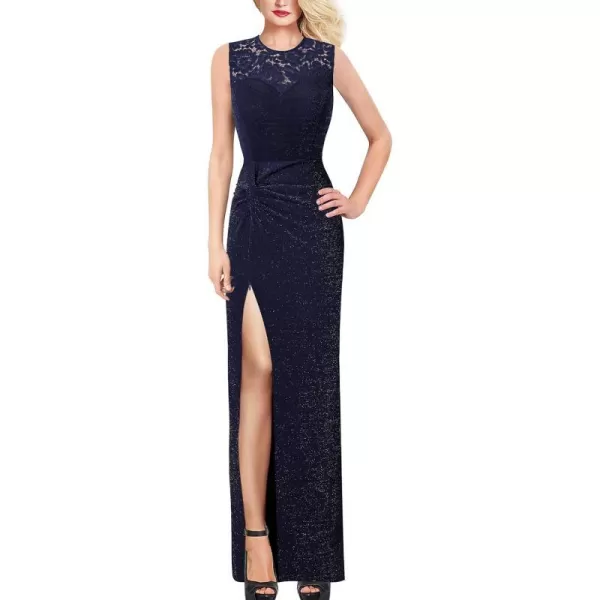 VFSHOW Womens Floral Lace Ruched Twist Twist Knot Front Split Formal Evening Maxi DressShiny Navy Blue