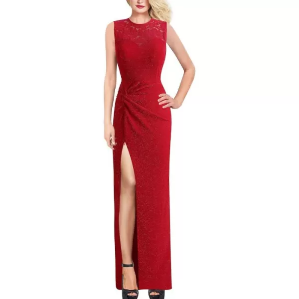 VFSHOW Womens Floral Lace Ruched Twist Twist Knot Front Split Formal Evening Maxi DressShiny Red